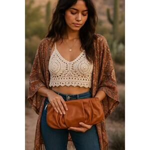 Hobo Leather Pleated Clutch / Pouch Carmel Tan (10.5” x 5”)